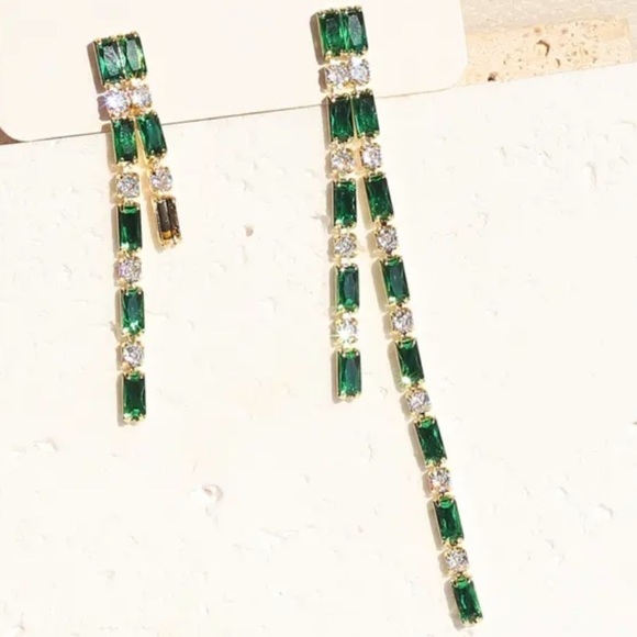 Emerald Classic Tassel 18K Gold Plated Asymmetry Earrings Sparkling CZ N… - Picture 1 of 15